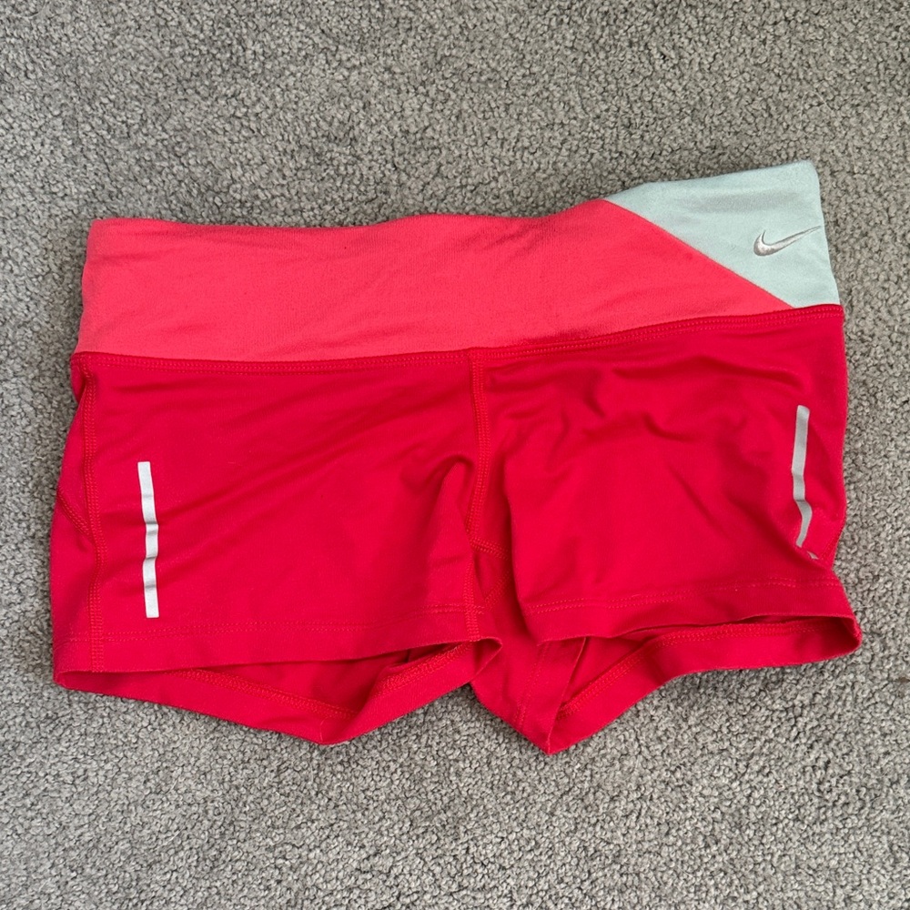 Nike Women’s Red-Pink Athletic Running Shorts with Mint Waistband